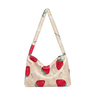 Imagem de Bolsa de pelúcia vintage com textura de madeira para tartarugas marinhas, bolsas para livros para mulheres, bolsas de outono, Flores e folhas de morangos, One Size