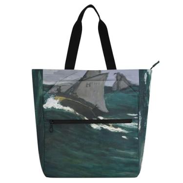 Imagem de Claude Monet Bolsa de trabalho feminina com estampa de onda verde, bolsa de trabalho de lona com zíper, bolsas femininas infantis, presentes para amantes de livros