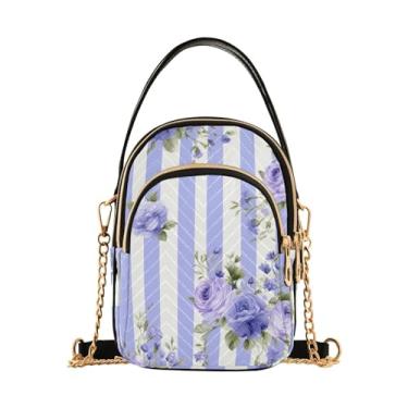 Imagem de GAIGEO Bolsa tiracolo feminina em aquarela rosa e branca, bolsa tiracolo feminina, bolsa tiracolo pequena para mulheres, Floral com rosas azuis e listras de lavanda - 1, One Size