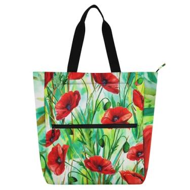 Imagem de Bolsa de trabalho feminina com flores de papoula vermelhas, folhas verdes, bolsa escolar, bolsa para livros, crianças, bolsas fofas, para amantes de livros, presentes