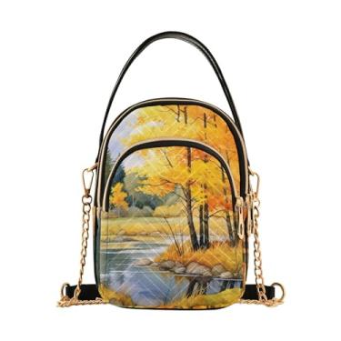 Imagem de Bolsa transversal feminina floco de neve com flocos de neve voando no céu, bolsa pequena com alça de ombro para mulheres, Aquarela de folhas de outono - 3, One Size