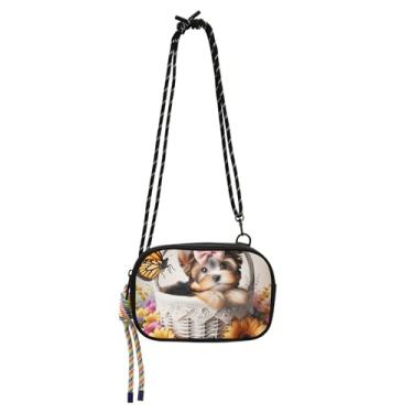Imagem de TSENQUE Bolsa transversal pequena para mulheres, bolsa de telefone com alça, bolsas femininas sobre o ombro, terrier, cão, floral, fofa