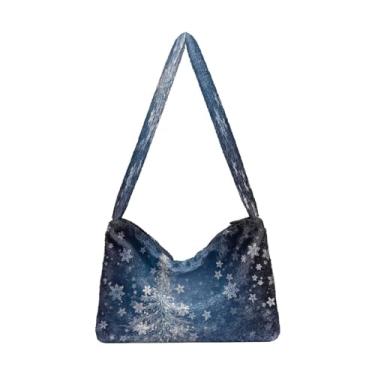 Imagem de Bolsas de ombro femininas com enfeites de Natal e flocos de neve, bolsa de ombro com zíper, bolsas de outono, Flocos de neve e árvore de Natal azuis e brancos, One Size