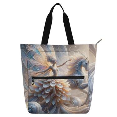 Imagem de GAIGEO Fantástica bolsa feminina de trabalho de fada unicórnio de lona para praia com zíper para presente diário para amantes de livros