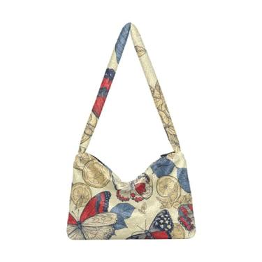 Imagem de Bolsa de ombro de pássaros coloridos, bolsa de pelúcia sob o braço, bolsas de ombro femininas, Bandeira de limão e borboleta com flores amarelas, One Size