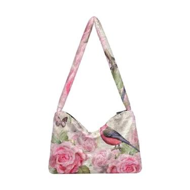 Imagem de Bolsas de ombro femininas com listras azuis florais e azuis, bolsas de ombro para mulheres, bolsas de outono, Lindas flores letras vintage em Paris-1, One Size