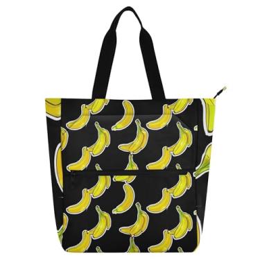 Imagem de Bolsa feminina preta banana amarela para trabalho em lona escolar com zíper, bolsa utilitária, escritório, presente para amantes de livros
