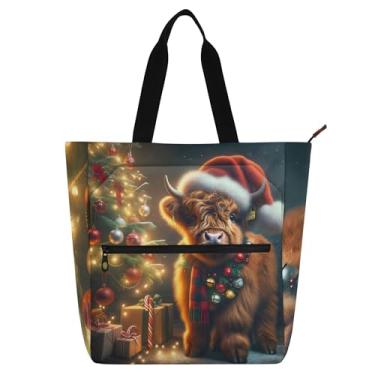 Imagem de Sacolas femininas natalinas fofas de vaca Highland para trabalho, lona, bolsas de tecido universitárias, escolares, médias, presente para amantes de livros