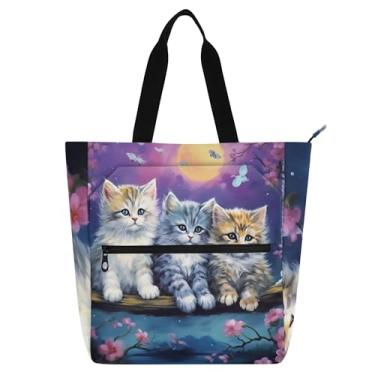 Imagem de GAIGEO Sacola feminina para trabalho familiar de gatos fofos, bolsa de lona para livros de praia, bolsa reutilizável com zíper e compartimentos