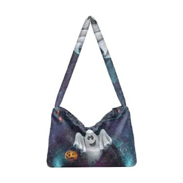 Imagem de Halloween Objects Cute Black Cat Sits Bolsa de ombro feminina de pelúcia, bolsas de ombro para mulheres, bolsas de outono, Teia de abóbora com espectro de Halloween, One Size