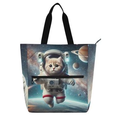 Imagem de Linda bolsa de trabalho gatinho astronauta gato bolsa de trabalho feminina lona praia livro bolsa zíper reutilizável livro amante presente