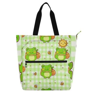 Imagem de GAIGEO Sacolas femininas fofas de sapo verde para trabalho e praia, bolsa para livros, zíper, reutilizável, presente para amantes de livros