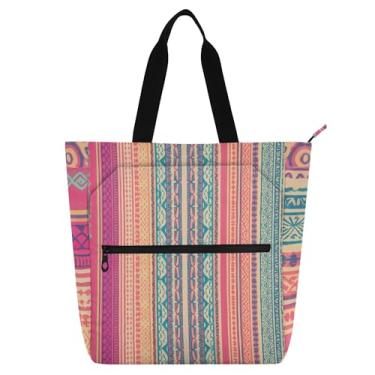 Imagem de GAIGEO Sacola de trabalho feminina listrada e azul rosa colorida de lona com zíper bolsa de praia linda bolsa infantil com compartimentos