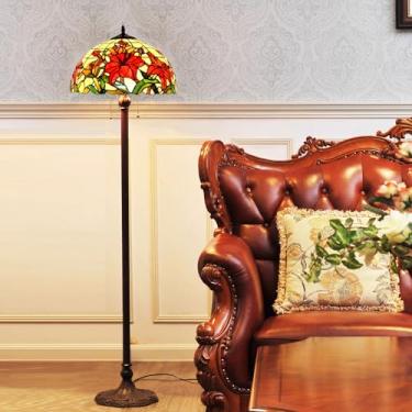 Imagem de Luminária de chão estilo Tiffany com vitrais de rosas, tulipas, glicínias, lírios e uvas, com cúpula feita à mão, ideal para decoração de ambientes [2 lâmpadas][40,6 cm L x 165 cm A], Lírio