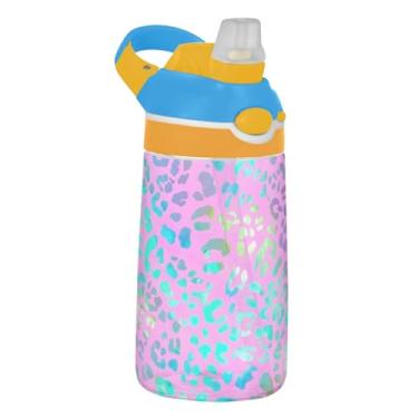 Imagem de Garrafa de água infantil rosa pastel com manchas de leopardo para escola, 473 ml Tritan 473 ml, garrafa de água esportiva com canudo, copo portátil para crianças, reutilizável, alça de transporte