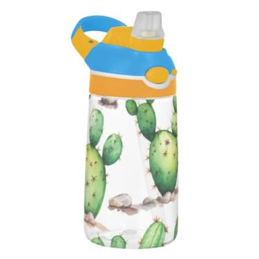 Imagem de Garrafa de água infantil branca de cacto verde aquarela 473 ml Tritan à prova de vazamento garrafa de água esportiva com tampa de canudo 473 ml copo de viagem infantil portátil reutilizável, alça de