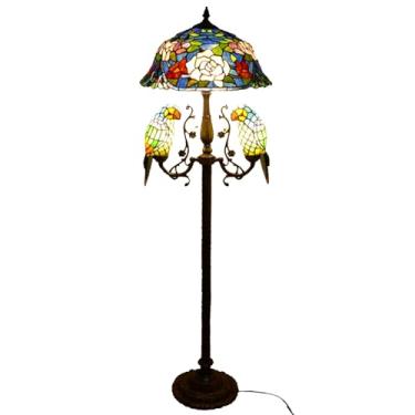 Imagem de Luminária de chão vintage com papagaios, vitral, luminária de canto, 45,7 x 45,7 x 165,1 cm, estilo Tiffany, para decoração de quarto, cabeceira, rosa, uva, libélula, luz de leitura, X7