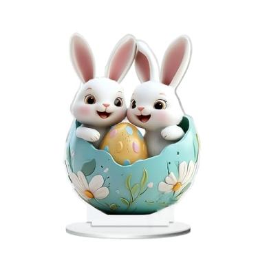 Imagem de Decoração de coelho - Enfeite de coelho de acrílico com design de ovo | Placa de mesa de Páscoa, design de ovo, enfeite de mesa de coelho de acrílico 2D para primavera, casa, festa, feriado, lareira