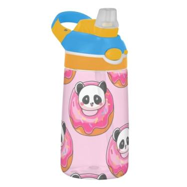 Imagem de Garrafa de água infantil de 473 ml com tampa de palha, garrafa de água esportiva Tritan portátil de 473 ml, copo infantil reutilizável à prova de vazamento, alça de transporte, lindos donuts rosa