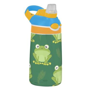 Imagem de Cute Cartoon Frogs Green Smile Garrafa de água infantil com canudo 473 ml Tritan 473 ml Garrafa de água esportiva portátil reutilizável copos de viagem para crianças, à prova de vazamento, alça de