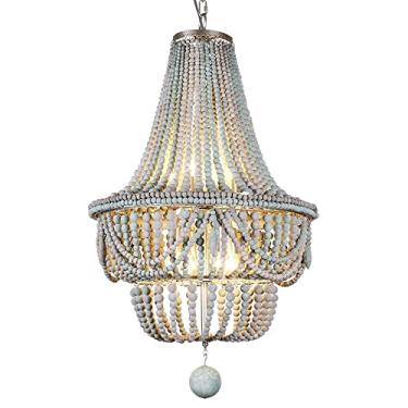 Imagem de Lustre de madeira com contas, 8 lâmpadas, lustre de teto estilo boho com contas de madeira e metal, luminária pendente para decoração de casa.