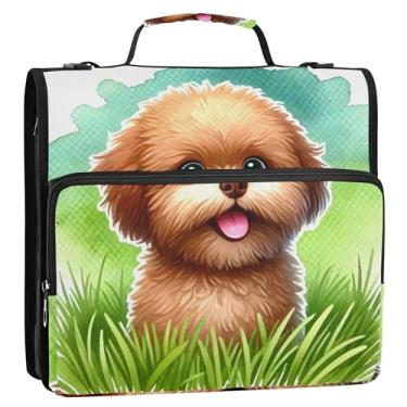 Imagem de Fichários fofos de desenho de cachorro marrom 3 cm 3 anéis resistentes com zíper organizador de fichários escolares bolsa com alça de ombro, suporte para 500 folhas
