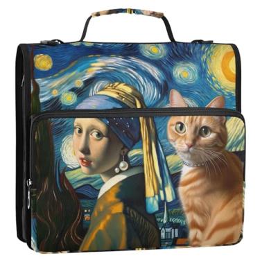 Imagem de Fichário divertido de gato estrelado com 3 anéis fofos, anel D de 3,8 cm, fichário organizador com alça bolsa escolar de trabalho, vários bolsos, pasta grande para portfólio