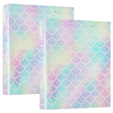 Imagem de Escamas de sereia pastel iridescentes personalizadas de 3 cm com 3 argolas comporta 200 folhas, pastas, anel redondo, fichário de escritório, 31,5 x 27 x 6 cm, pacote com 2