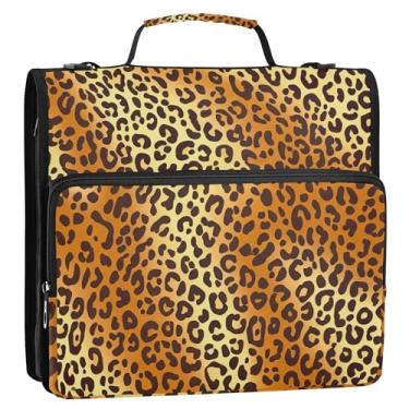 Imagem de Organizador de fichário estudantil com zíper com 3 anéis, anel D de 3,8 cm, pele de leopardo, marrom e amarelo, vários bolsos, pasta grande para fichário de ensino médio com alça