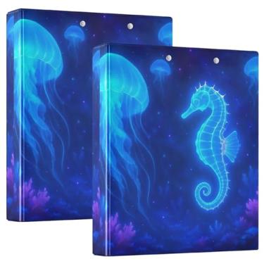 Imagem de Fichário azul neon água-viva cavalo marinho de 3,8 cm, 3 anéis, comporta 200 folhas, pastas fofas para cadernos, fichário floral, 31,5 x 27 x 6 cm, 1 pacote