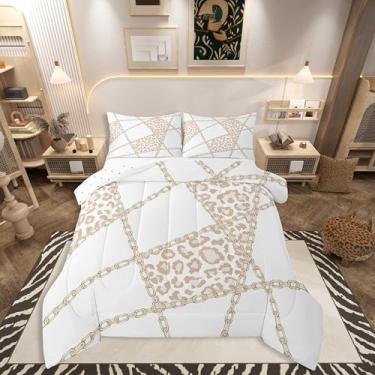 Imagem de jejeloiu Conjunto de cama de leopardo, macio para meninos e meninas, guepardo, estampa animal, tamanho Queen, corrente de ferro, edredom de microfibra, decoração de quarto, 3 peças com 2 fronhas
