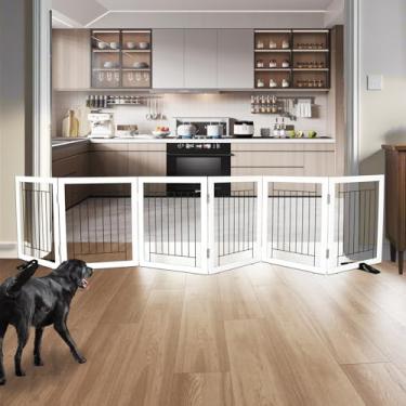 Imagem de Cerca interna para cães – portão independente de 6 painéis para portas, corredores, casa ou escadas - animal de estimação de madeira expansível retrátil de 300 x 61 cm da SFJC (branco)