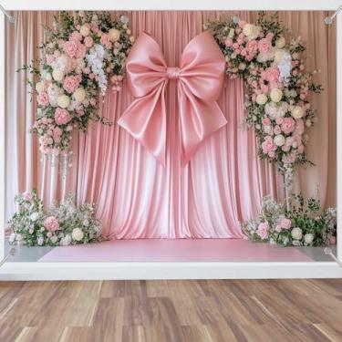 Imagem de KUKUSOUL Pano de fundo de laço rosa, fundo de flor rosa e branca, adereços de estúdio de fotos de casamento, chá de noiva, aniversário, chá de bebê, decoração de cabine fotográfica KUTK057