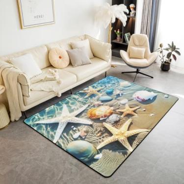 Imagem de jejeloiu Tapete de área do oceano 1,2 m x 1,5 m tapete náutico costeiro para sala de estar quarto estrela do mar concha concha tapete decorativo tapete antiderrapante área corredor