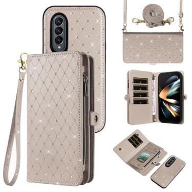 Imagem de Capa de celular para Samsung Galaxy Z Fold 4 5G 2022 com zíper carteira destacável com alça transversal alça de cordão bling glitter flip compartimento para cartão ZFold4 Z4 Fold4 4Z ZFold45G mulheres