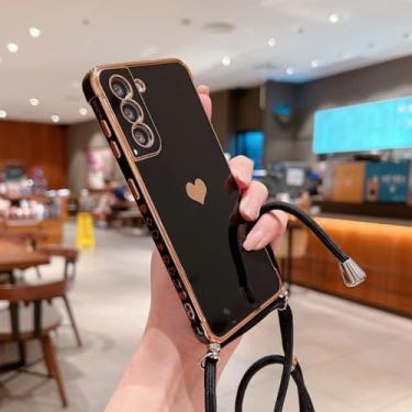 Imagem de Capa de telefone com alça crossbody para Samsung Galaxy S22 S23 S24 Ultra S21 S20 FE A53 A52 A13 A54 5G Chapeamento de coração com cordão, preto, para S21 Plus