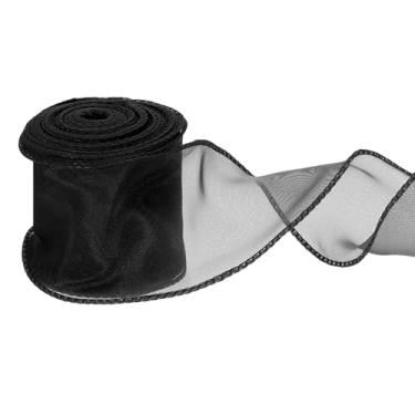 Imagem de PATIKIL Fita de chiffon com fio de 6 cm x 10 metros, fita de organza transparente com fio de cauda de peixe fitas de presente para artesanato embrulho de presente buquê floral, preto