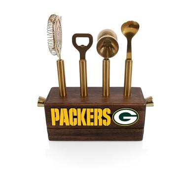 Imagem de PICNIC TIME NFL Green Bay Packers Sidecar Kit de ferramentas de barra de 5 peças com suporte, barman mixológico e conjunto de viagem com acessórios de coquetel, (madeira de acácia)