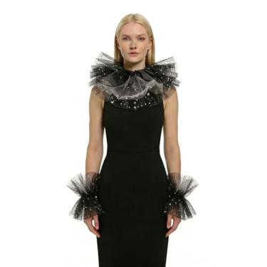 Imagem de JCBFUME Conjunto de colarinho e punhos renascentistas elisabetanos elegantes acessórios históricos de colarinho de palhaço para mulheres, Preto e branco, One Size