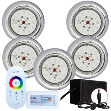 Imagem de Kit 5 Refletores Led 18w RGB Inox e Comando para Iluminação Piscina - 