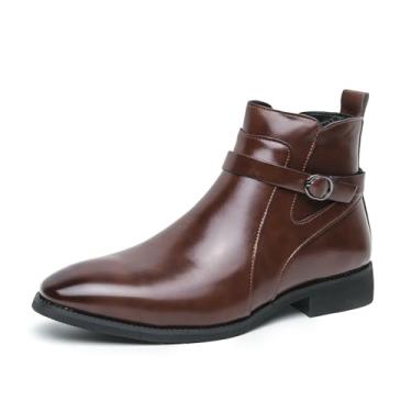 Imagem de Botas de cano curto masculinas elegantes confortáveis com zíper lateral Chelsea botas de cano curto design fivela bota de couro PU, Marrom, 37 BR