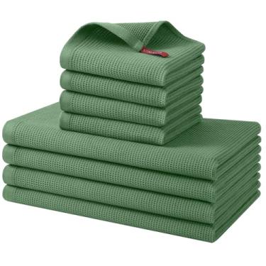 Imagem de Homaxy Conjunto de toalhas de cozinha e panos de prato 100% algodão - pacote com 8 panos de prato macios e absorventes - 66 x 40 cm e 30 x 30 cm - verde grama