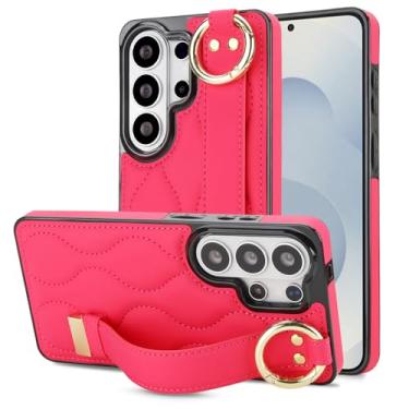 Imagem de Capa para Samsung Galaxy S26 Ultra com alça de pulso, elegante capa de telefone traseira de couro acolchoado para mulheres, capa protetora à prova de choque fina com suporte e anti-impressão digital