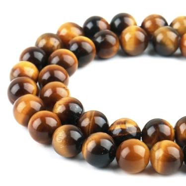 Imagem de DIQIO Contas de pedra natural para suprimentos de fabricação de joias - contas de cristal para pulseiras, contas redondas de 10 mm para artesanato (35-38 peças, 10 mm, olho de tigre amarelo)