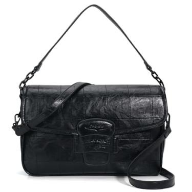 Imagem de Chinllo Bolsa transversal feminina com aba, bolsas de couro vegano com alça superior e alça ajustável, Preto-acolchoado, Small