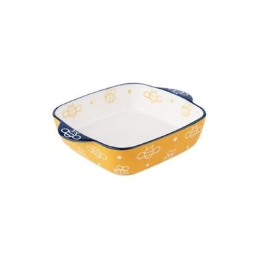 Imagem de Caçarola Prato de jantar doméstico assadeira vegetal adorável tigela de orelha dupla pintada à mão cerâmica arroz cozido cozinha (500ml)