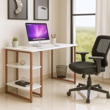 Imagem de Mesa Escrivaninha Estilo Industrial com Prateleiras 100x50cm Escritório Moderno 100% MDF Premium Branco e Aço Cobre Rose