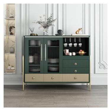 Imagem de Armário buffet simples, detalhes modernos com portas de vidro, armazenamento, adequado para cozinhas, jantares e cafeterias, móveis domésticos (verde, 130 x 42 x 110 cm)
