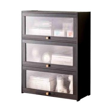 Imagem de Estante de armazenamento preta de 3 camadas de bambu organizadora de mesa, com prateleira de exibição de porta de plástico flutuante, para estudo em casa ou escritório, prateleira de livros (C 42 x L