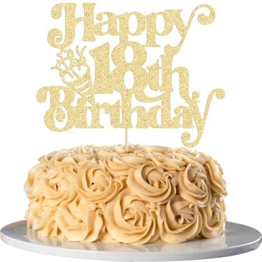 Imagem de Gyufise 1 pç Topo de bolo de feliz aniversário de 18 anos com glitter, feliz aniversário, aplausos para 18 anos para decoração de cupcake de festa de casamento de 18 anos, suprimentos dourados